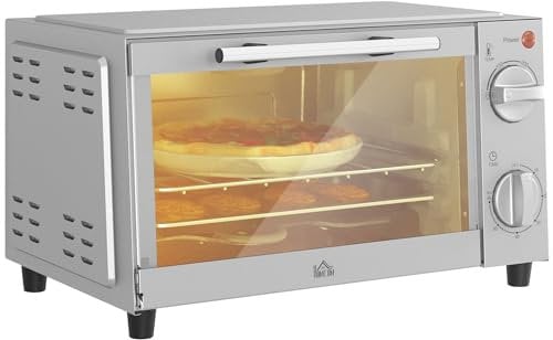 HOMCOM Mini-four 9L Mini four avec plaque de cuisson, grille, 100 °C-230 °C, avec température et durée de cuisson réglables, minuterie 60 min, 750W, inox, argent