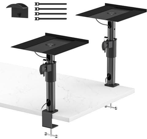 Clamp-on Desktop Speaker Stands Pair for LG, Sony, Vizio, Klipsch, Samsung, JBL Speaker Stand Desk - Adjustable Desk Speaker Stands for Most Satellite & Bookshelf Speaker Stands Wr Cable Management