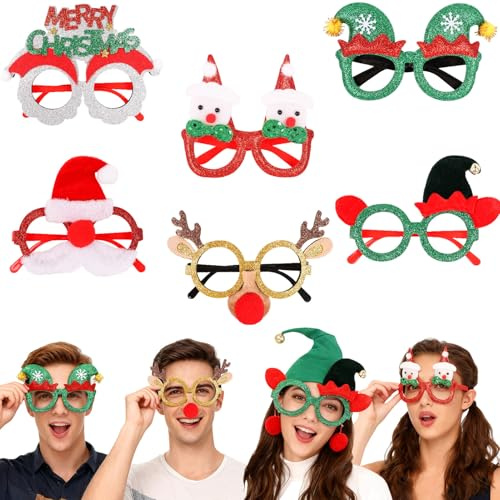 Tankermo 6 Stück Weihnachtsbrille Set,Lustige Weihnachten Brillen Elch Nase Schneemann Weihnachtsbrillen Erwachsene Kinder Weihnachts Brille für Weihnachtsfeier Fotobox Accessoires Partybrillen