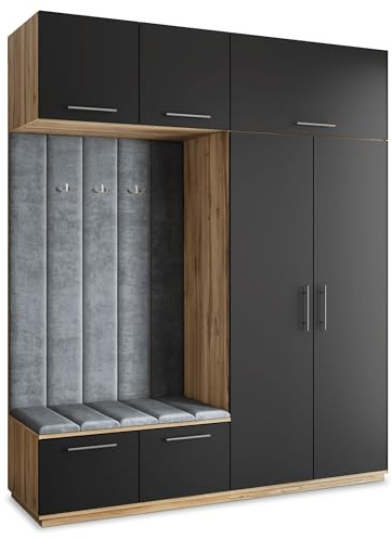 Masseno Flugarderoben Set Rema, Kleiderschrank-Set mit Sitzbank, Garderobenschrank Flur mit 5 Regalböden, Eiche Wotan/Schwarz