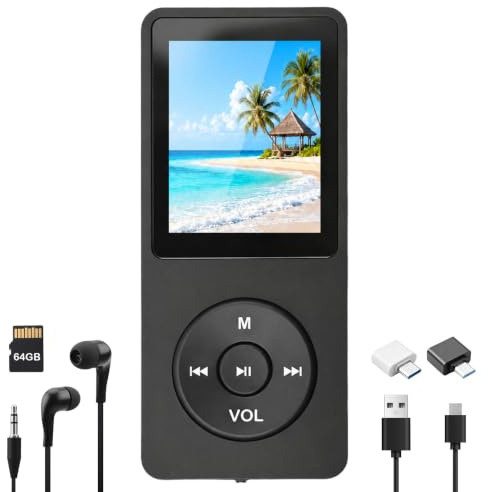 64GB MP3 Player mit Bluetooth 5.3,MP3 Player mit Lautsprecher und Kopfhörer | HiFi Musikplayer verlustfrei, Farbdisplay, Aufnahme, E-Book, MP4, für Kinder Erwachsene, Schwarz
