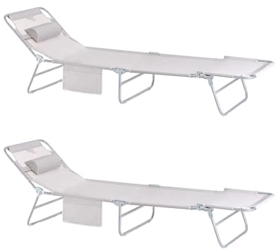SoBuy 2-er Set Sonnenliege klappbar Gartenliege Liegestuhl klappbar mit Kopfkissen & Seitentasche Strandliege Balkon Relaxliege 155x56x81cm für Gartenmöbel Terrasse Camping Beige OGS35-MIx2