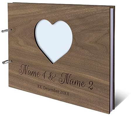 Hochzeit Gästebuch Nussbaum Holz Gravur individuell Holzcover mit 72 Blatt |144 Naturpapier Innenseiten DIN A4 quer 302 x 215 mm - Herz