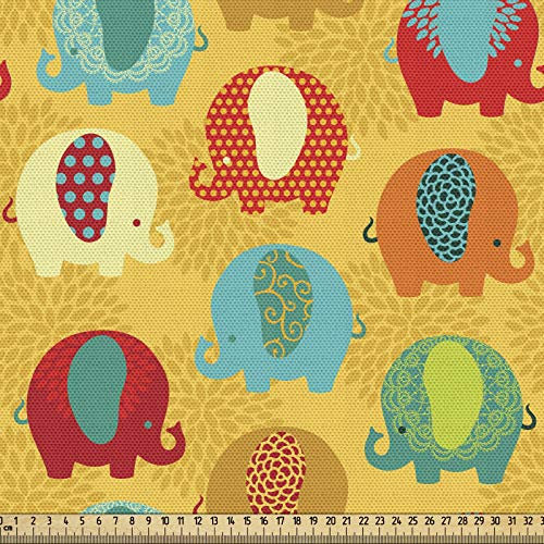 ABAKUHAUS Urwald Gewebe als Meterware, Elefanten Asiatische Ornamente, Dicht Gewebter Stoff zum Nähen Polster Wohnaccessoires, 3M (148x300cm), Hellorange