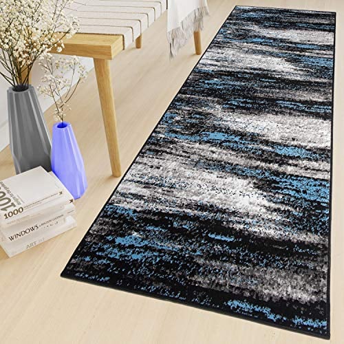TAPISO Maya Teppich Läufer Meterware Kurzflor Wohnzimmer Flur Küche Modern Brücke Grau Blau Schwarz Verwischt Meliert Design ÖKOTEX 70 x 200 cm