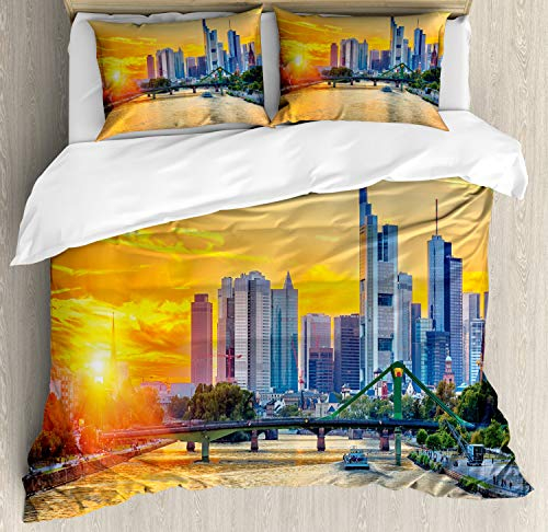 ABAKUHAUS Fernweh Bettbezug Set für Einzelbetten, Frankfurt Architektur, Milbensicher Allergiker geeignet mit Kissenbezug, 230 x 220 cm - 70 x 50 cm, Marigold Blau