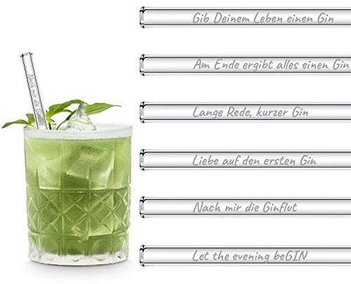 HALM Glasstrohhalme Gin Sprüche Edition 6X 15cm mit gravierten Gin-Sprüchen in Deutsch Strohhalm Trinkhalm Glasstrohalm Gin-Tonic