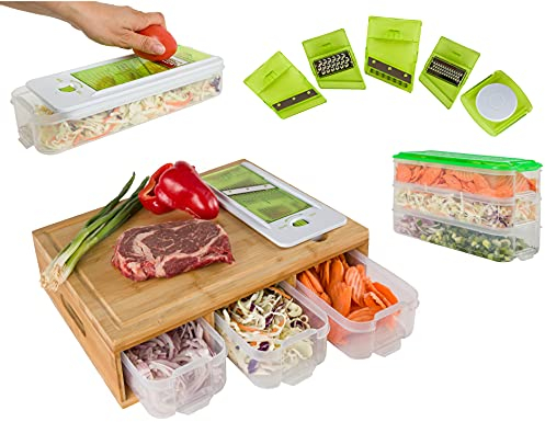 BAMBOO LAND Großes BambusSchneidebrett mit TablettsSchubladen, Schneidebrett mit komplettem Set, 6 Stück Gemüsehobel und Strumpfbänder, Schneidebrett mit stapelbaren Behältern für einfache