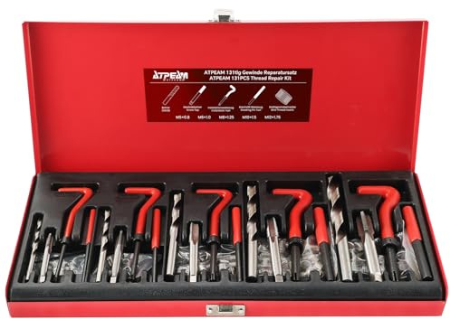 ATPEAM 131tlg Gewinde Reparatursatz, Gewinde Reparatur Set mit M5 M6 M8 M10 M12, Helicoil Set mit Einsätzen, Hülsen und Gewindebohrer aus Edelstahl für Reparatur von Innengewinden