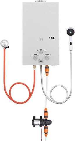 FUKEA 10L Gas Water Heater, Portable Camping Shower Travel Bathing Heater, Outdoor Propane Water Boiler with Handle and Water Pump