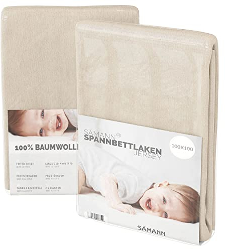 Sämann Jersey Spannbettlaken Spannbetttuch für Laufgitter 100x100 cm, Baumwolle Natur