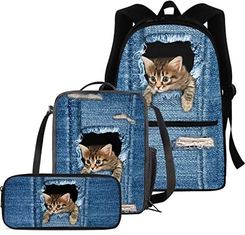chaqlin Jungen Mädchen süßes Schultaschen-Set, Jeans-Katzen-Rucksack, Schul-Büchertaschen-Set für Kinder, lässiger Tagesrucksack, isolierte Brotdose, Federmäppchen