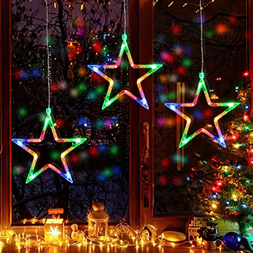 Ulinek Fensterdeko 3 Sterne mit Batteriebetrieb 30 LEDs [1M+0.6M] Sterne Weihnachtsdeko Fenster mit 4er nathloser Klebehaken LED Sterne für Innen und Außen Weihnachten Fenster Balkon Party-Bunt