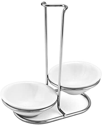 QWORK Standing Spoon Rest, Ceramic Cutlery Stand Upright Spoon Rack with Silver Stainless Steel Rack and Drip Tray for Stovetop and Kitchen Counter Organization