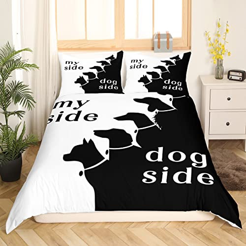Homewish Hundeseite und Meine Seite Bettbezug 135 x 200 Jungen Mädchen Kawaii Welpen Druck Bettwäsche Set Nettes Tier Mops Hund Bettbezug Romantisches Thema Schwarz Weiß Schlafzimmer Dekoration