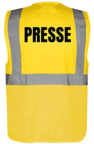 Fassbender-Druck WARNWESTEN - Sicherheitsweste GELB mit Taschen und Reißverschluss nach EN ISO 20471 zertifiziert - Warn Weste für PRESSE - Unisex mit hochwertigem Reflektorstreifen