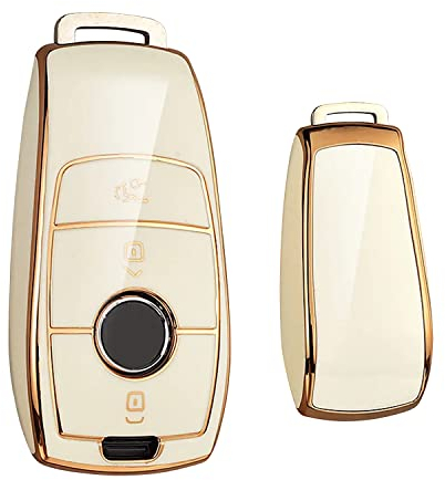 KEYSCOVER Autoschlüsselhülle für Mercedes-Benz Schlüssel - Cover Passend für E, S, A, CLA, GLA, GLE, GLC, GLK und AMG Modelle -Schlankes Design und Einfache Installation (Weis- Gold)