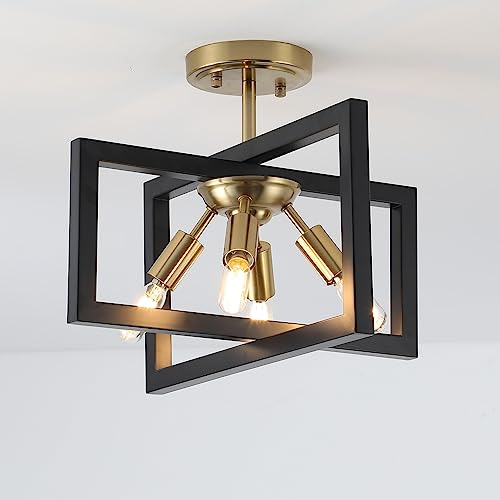 Halbbündige Deckenleuchte, moderne industrielle Leuchte, Schwarz und Gold, 4-flammig, Kandelaber-Beleuchtung, Deckenlampe für Küche, Foyer, Eingangsbereich, Flur, Schlafzimmer, Schrank