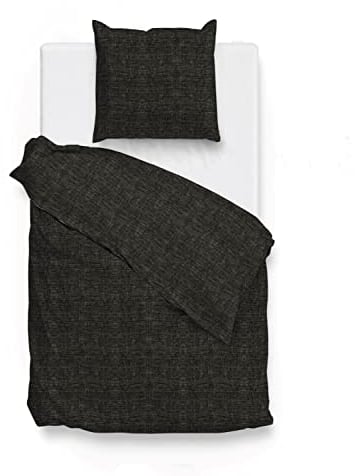 Heckett Lane ZO Home Satin Bettwäsche LINO, 100% Baumwolle, Verschiedene Größen, Midnight Black, Größe:155x220 cm + 80x80 cm