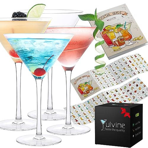 YULVINE Mundgeblasene Kristall-Martini-Gläser, 4 Stück, klar, klassischer Stiel, Cocktailgläser mit Cocktailführung, für Saft, Dessert, Bar, Cosmopolitan, Pisco Sauer, Geschenk für Cocktail-Party