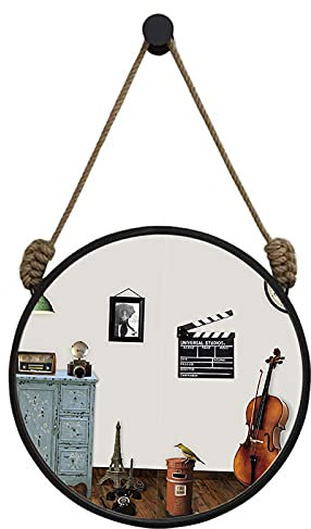 Miroir Cadre Rond en Fer Noir avec Corde de Chanvre Miroir Mural Cercle Suspendu pour Salon Maquillage Salle de Bain Miroir décoratif Miroir de courtoisie (diamètre: 70cm(27.5)