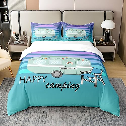 richhome Glückliches Camping 100% Natur Baumwolle Bettwäsche, Aquarell Grün Camper Regenbogen Bettbezug 135x200,Blau Lila Geometrie Streifen Tröster Bezug mit 1 Kissenbezug