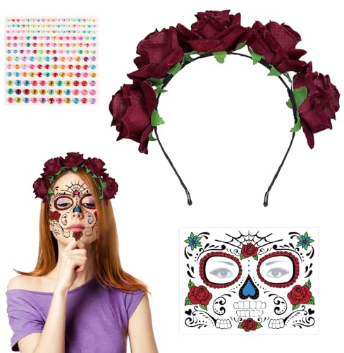 TECHEEL Tag der Toten Rosen Haarreif Halloween Haarreif Haarreif Rosen und Totenkopf Dia de los Muertos Halloween kostüm Haarschmuck für Faschingskostüme Halloween Kostüm Karneval