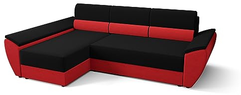ALTDECOR Ecksofa mit Schlaffunktion und Bettkasten, Polstercouch in L-Form Links angeordnet, rückenecht gepolstert, ideal als Gästebett - REB-L3-251x140x88cm Schwarz/Rot