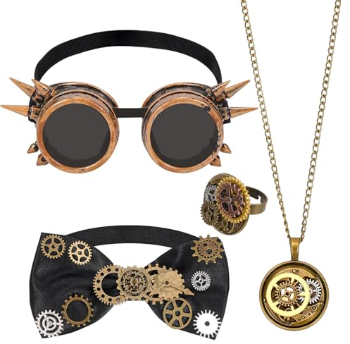HOWAF Steampunk Kostüm Herren, Brille, Fliege, Halskette, Ring, Zahnräder, Punk Accessoires für Halloween, Karneval, Fasching