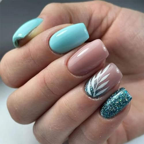 24pcs Short Square False Nails Glitter Blue Stick on Nails Leaf Pattern Press on Nails Removable Glue-on Nails Full Cover Fake Nails Women Girls Nail Art Accessories