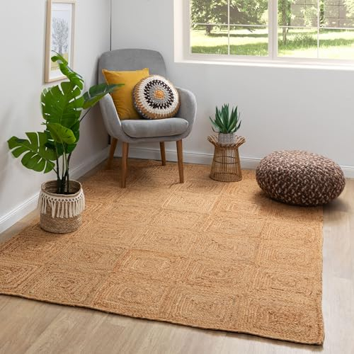 Steffensmeier Jute Teppich Goa | Rechteckig | Wohnzimmer, Flur, Eingangsbereich, Naturfaser, hangeflochten, Quadrate, Größe: 200x200 cm