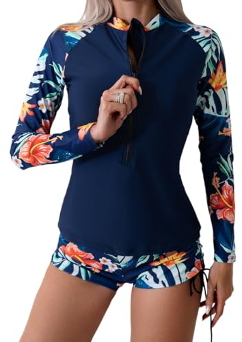 Owntop 2-delad Rash Guard dam, långärmad baddräkter UV UPF 50+ badtröja, dragkedja, rash väst, blommor, badmode med hög midja, boyshort underdel för simning, surfing