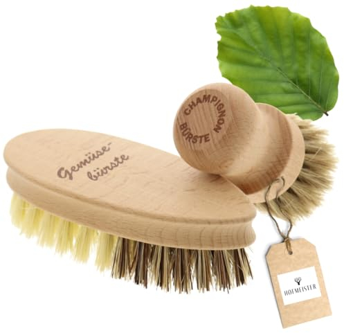 HOFMEISTER® Bürstenset aus Pilzbürste & Gemüsebürste – zur sanften Reinigung von Champignons und Gemüse, aus weichem Rosshaar, Fibre & Union und Buchenholz