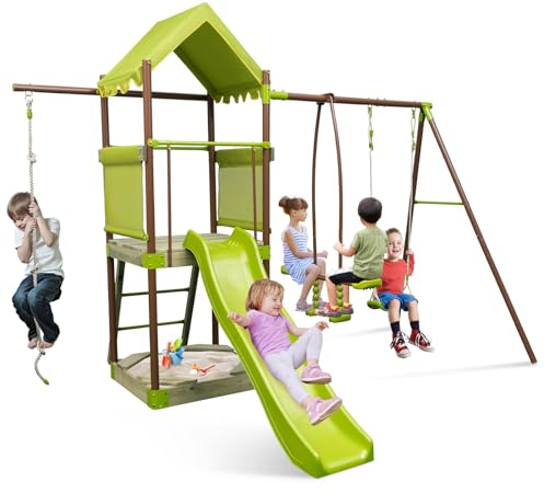 DREAMADE Ensemble de Jeu Extérieur en Métal avec Toboggan, Balançoire, Cabane Couverte, Corde d'escalade, Echelle, Bac à Sable, pour Cour, Aire de Jeux (Balançoire + Toboggan + Corde d'escalade)