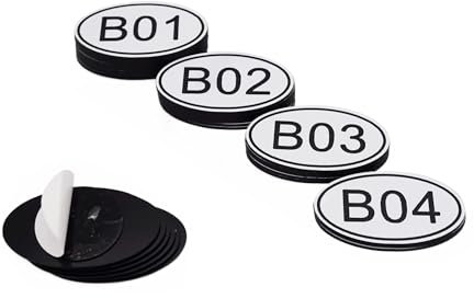 NanTun Paquete de 50 placas de identificación ovaladas blancas para taquilla, números de mesa, 30 mm x 50 mm, plástico ABS con números grabados, B01 a B50