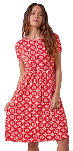 Roman Midi Dress with Pockets for Women UK Ladies Stretchy Jersey Maxi Long Short Sleeve Elasticated Gathered High Waist Boho Flattering Skater Swing Fit Flare - Petite Dark Orange - Size 18