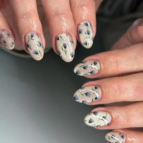 Ceboic 24 Pièces Faux Ongles Court Amande Français Fleurs Bleu Ongles à Coller Acrylique Artificiel Press on Nails Naturel pour Femmes et Filles Nail Art