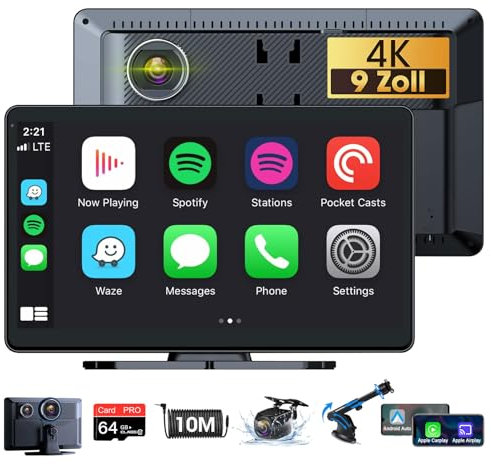 Vtopek Wireless Apple Carplay Android Auto Tragbares 9 Zoll Carplay Display mit 4K Dashcam, 1080P Rückfahrkamera, G-Sensor, Carplay Auto mit Siri/Google/Bluetooth 5.0/FM/AUX/Mirror-Link/64G SD-Karte