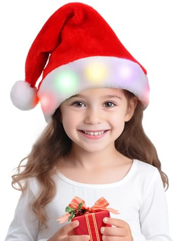 Tibroni Weihnachtsmütze Kinder Nikolausmütze Led Licht, Weihnachtsmützen Weihnachts Mütze Nikolausmütze Weihnachtsmannmütze Plüsch, Weihnachtshut Christmas Hat Santa Hat mit Licht