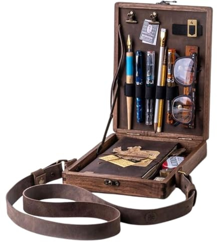 BBTISG Writers Messenger Holzbox, Multifunktionale Schultertasche aus Holz mit Klappdeckel in Walnussfarbe für Zeichner, Schriftsteller, Architekten und Maler