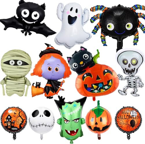 12 Stück Übergroße Halloween Luftballons Halloween Folienballons Riese, Halloween Deko, Fledermäuse, Hexen, Geister, Skelette, Spinnen, Kürbisse Helium Luftballons
