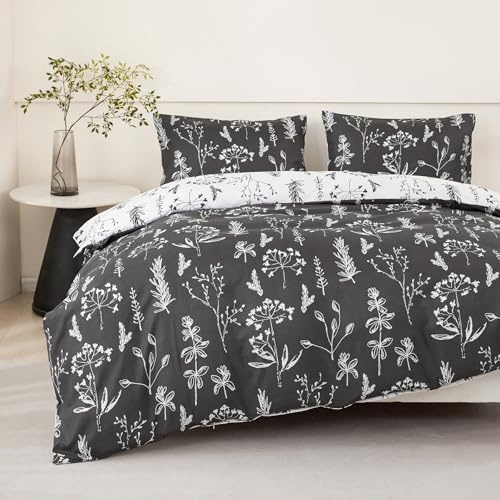 Jemiipee Bettwäsche 135x200 cm Weiß Anthrazit, Bettwäsche-Set mit Blumenmuster, Bettbezug 135 x 200 Kissenbezug 80x80, Deckenbezug Wendebettwäsche Weich mit Reißverschluss