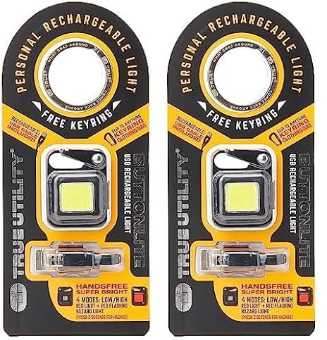True Utility Buttonlite Black (Pack of 2) - LED Flashlight with Titanium Clip, 4 Modes, Rechargeable