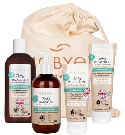 MABYEN Babypflege Basis Starter Set | Naturkosmetik - 4 Produkte + Stoffbeutel - Bio - Baby Ausstattung - Geschenkset - mit 1x Bademilch, 1x Pflegecreme, 1x Wundcreme & 1x Mandelöl