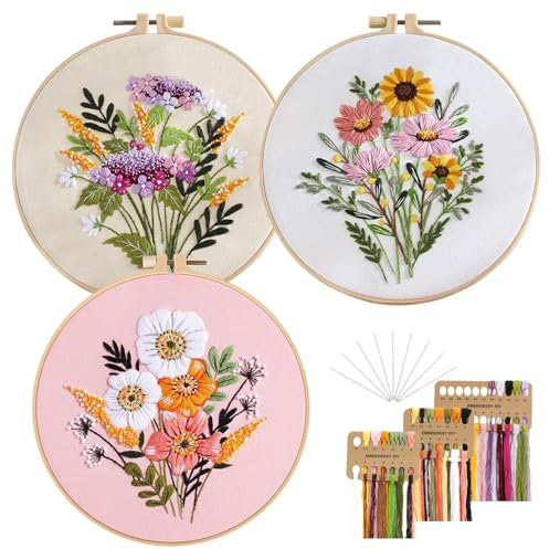 UPUPGO Stickset für Anfänger, Stickerei Kits Blumenmuster Pflanzen Erwachsene Sticken Set Kreuzstich Kit 3 Kreuzstichmuster Kreuzstich Set für DIY Kunst, Handwerk