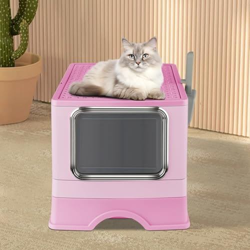 Maison de Toilette pour Chat,Litiere Chat Autonettoyante, Pelle + tiroir à litière Nettoyage Facile, Grand pour Les Chats et Les Lapins,Anti-fuites, Anti-Traces, 52 * 39 * 39cm-Rose