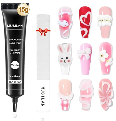 MUSILAN 3D Nägel Skulptur Gel mit Nagelfeile aus Glas - 15g White Aufbaugel 3D Nail Sculpting Gel Rhinestone Glue für 3D Nägel Art, Sculpting Nagelmodellage für Hause Salon-Profis DIY Nageldesign