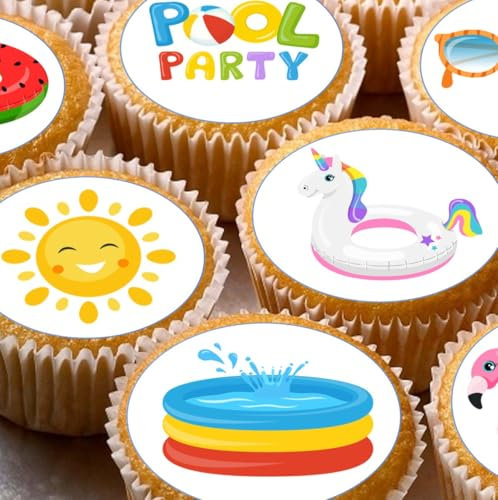 Pool/Swimming Party Pre-cut Cupcake Toppers, Summer Theme Edibel Wafer Paper Cake Decorations x 24