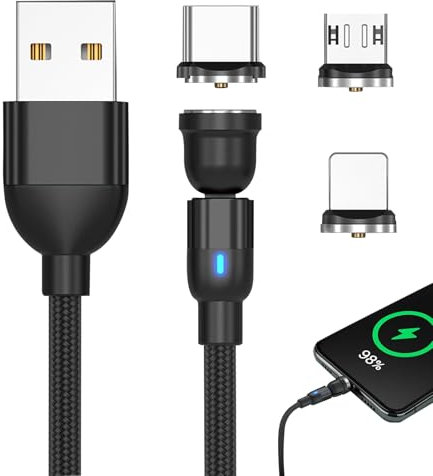 Huybaa Cable de Carga Magnético 3 en 1, USB C Carga Rápida 2M, Compatible con Micro USB/Tipo C/iPhone, Diseño Giratorio 360° y 180°