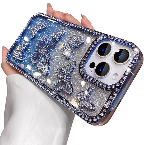 QoKcoahn Butterfly Phone Case for iPhone 11,Cute Bling Butterfly Luxury Sparkle Glitter Diamond Crystal Rhinestone 6D Electroplated Soft TPU Protective Cover for Girls Women Blue